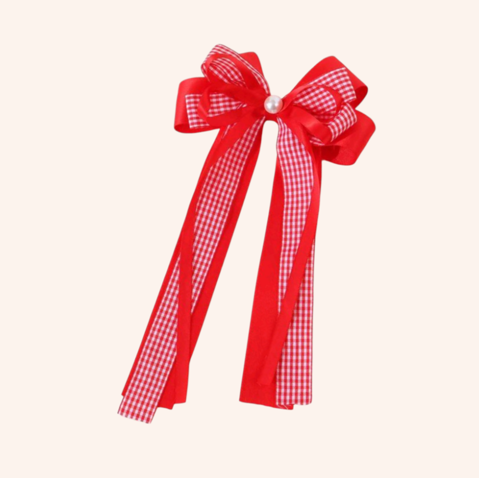 Dual Longtail Red Gingham Bow